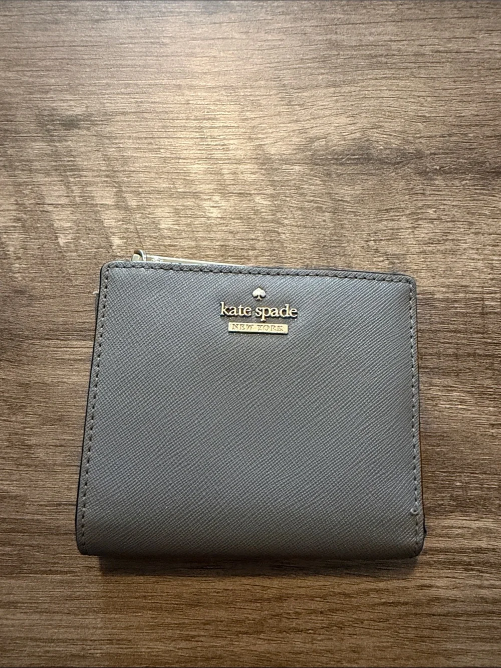 kate spade gray Saffiano compact zip wallet